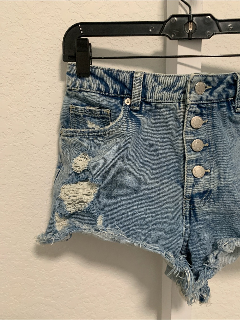 Streetwear Society Distressed Button Fly High-Waist Blue Denim Shorts - Picture 2 of 10